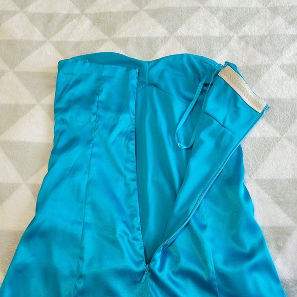 Blue Strapless Satin Mini Dress, Prom Party Night Dress - Picture 5 of 7